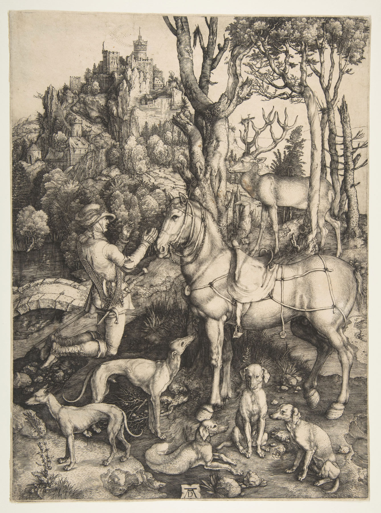Albrecht Dürer (Norimberga, 1471 - 1528), Visione di sant'Eustachio (1501 circa; incisione, 350 x 259 mm; New York, Metropolitan Museum)  Albrecht Dürer (Norimberga, 1471 - 1528), Visione di sant'Eustachio (1501 circa; incisione, 350 x 259 mm; New York, Metropolitan Museum)