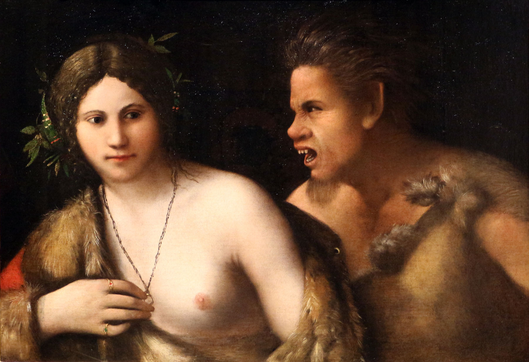 Dosso Dossi, Ninfa e satiro (1508-1510 circa; olio su tela, 57,8 x 83,2 cm; Firenze, Gallerie degli Uffizi, Galleria Palatina di Palazzo Pitti) Dosso Dossi, Ninfa e satiro (1508-1510 circa; olio su tela, 57,8 x 83,2 cm; Firenze, Gallerie degli Uffizi, Galleria Palatina di Palazzo Pitti)