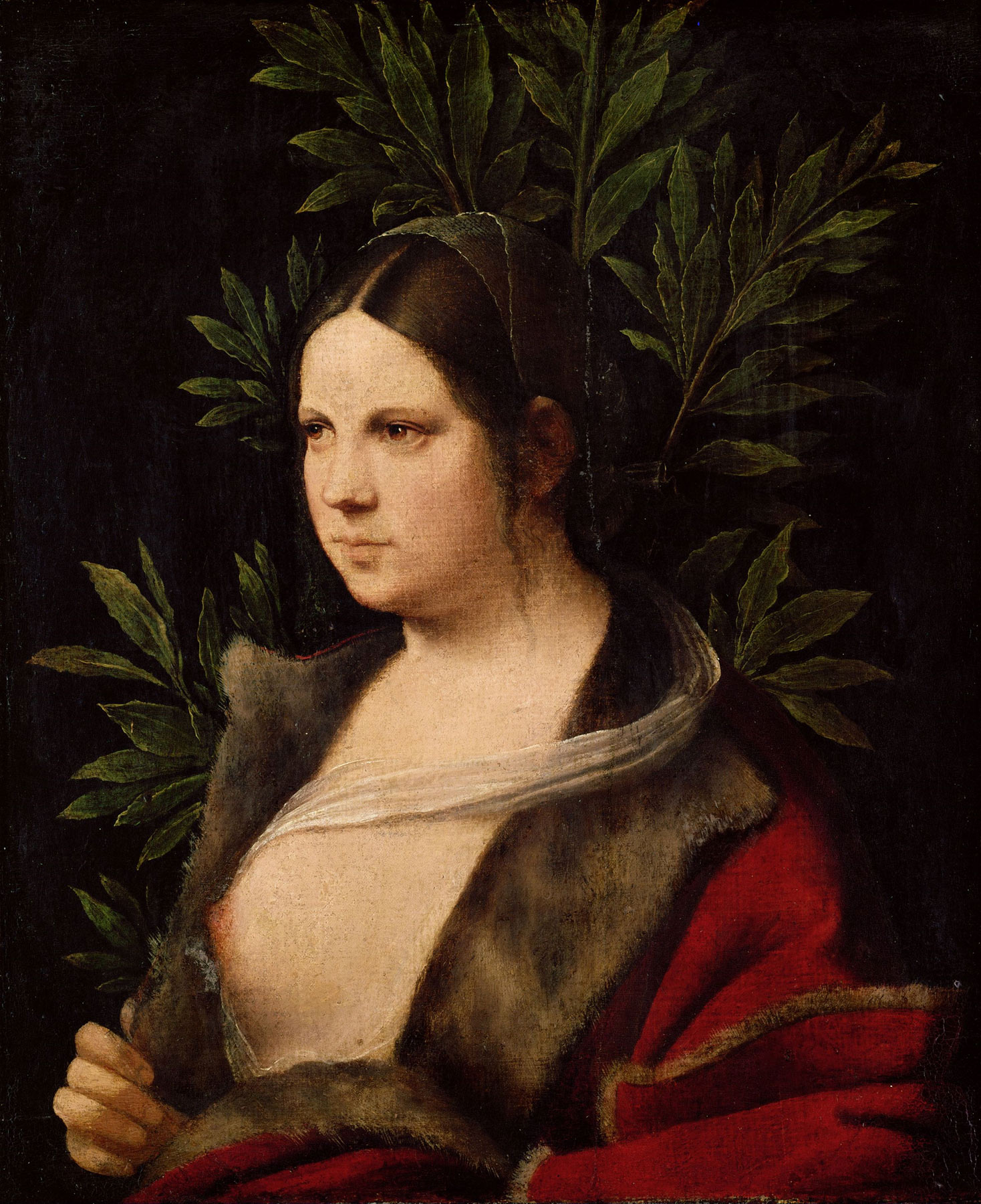 Giorgione (Giorgio Barbarelli?; Castelfranco Veneto, 1478 - Venezia, 1510), Laura (1506; olio su tela incollata su tavola, 41 x 33,5 cm; Vienna, Kunsthistorisches Museum) Giorgione (Giorgio Barbarelli?; Castelfranco Veneto, 1478 - Venezia, 1510), Laura (1506; olio su tela incollata su tavola, 41 x 33,5 cm; Vienna, Kunsthistorisches Museum)