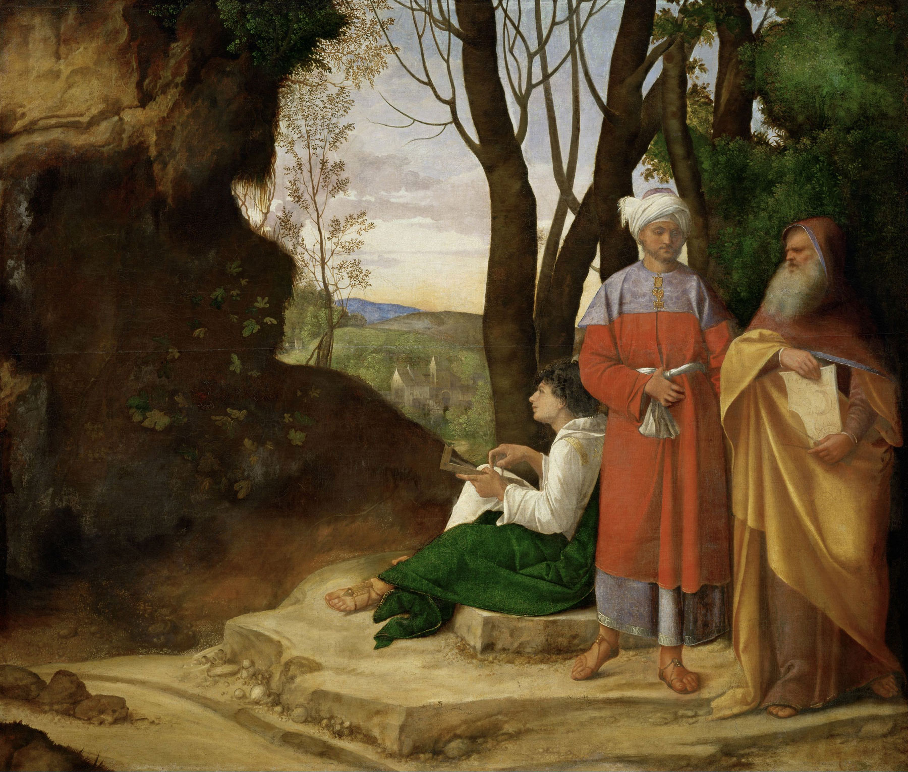 Giorgione (Giorgio Barbarelli?; Castelfranco Veneto, 1478 - Venezia, 1510), I tre filosofi (1506-1508 circa; olio su tela, 123,5 x 144,5 cm; Vienna, Kunsthistorisches Museum) Giorgione (Giorgio Barbarelli?; Castelfranco Veneto, 1478 - Venezia, 1510), I tre filosofi (1506-1508 circa; olio su tela, 123,5 x 144,5 cm; Vienna, Kunsthistorisches Museum)