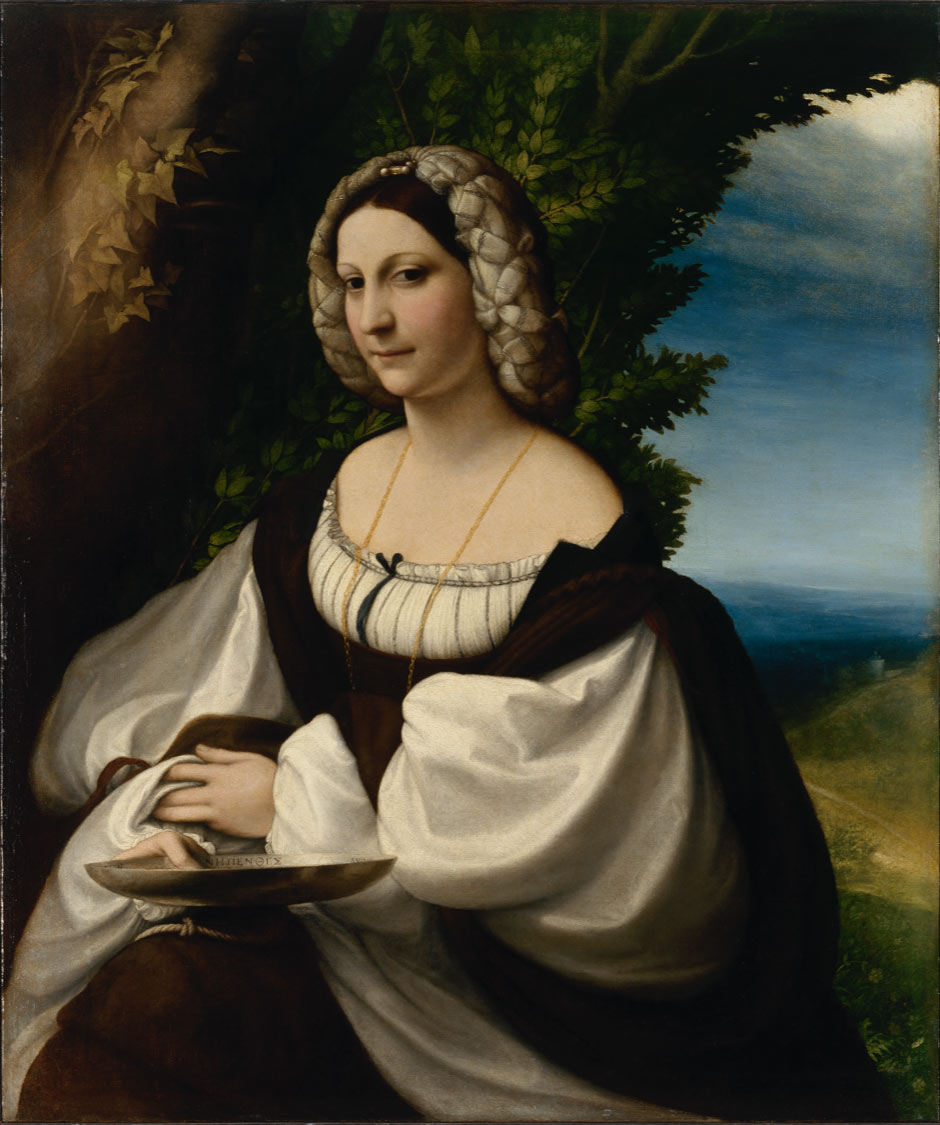 Antonio Allegri detto il Correggio (Correggio, 1489 - ivi 1534), Ritratto di Gentildonna; olio su tela, 103 x 87,5 cm; San Pietroburgo, Hermitage. Porta la firma  ANTON LAET (Antonius Laetus) all'altezza del volto dell'effigiata