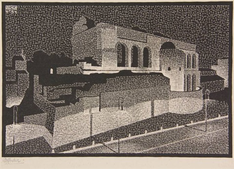 Maurits Cornelis Escher, Roma notturna: la Basilica di Costantino (1934; xilografia, 210 x 310 mm; Collezione privata)
