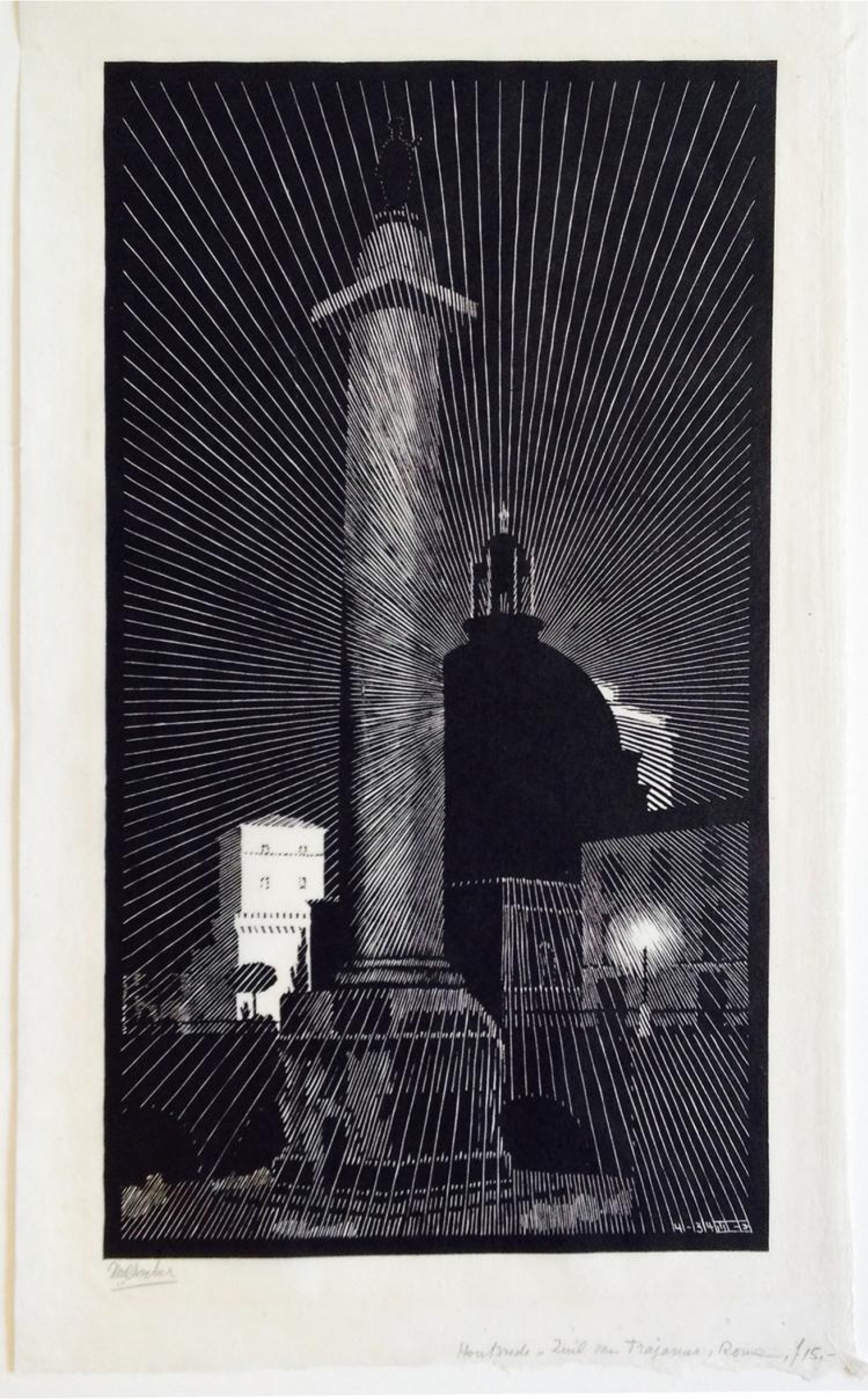 Maurits Cornelis Escher, Colonna Traiana (1934; xilografia, 334 x 185 mm; Collezione privata)
