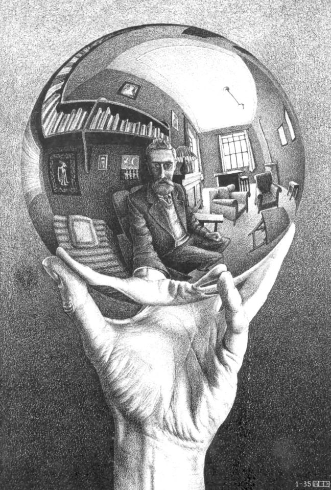 Maurits Cornelis Escher, Mano con sfera riflettente (1935; litografia su carta, 318 x 213 mm; Collezione privata)
