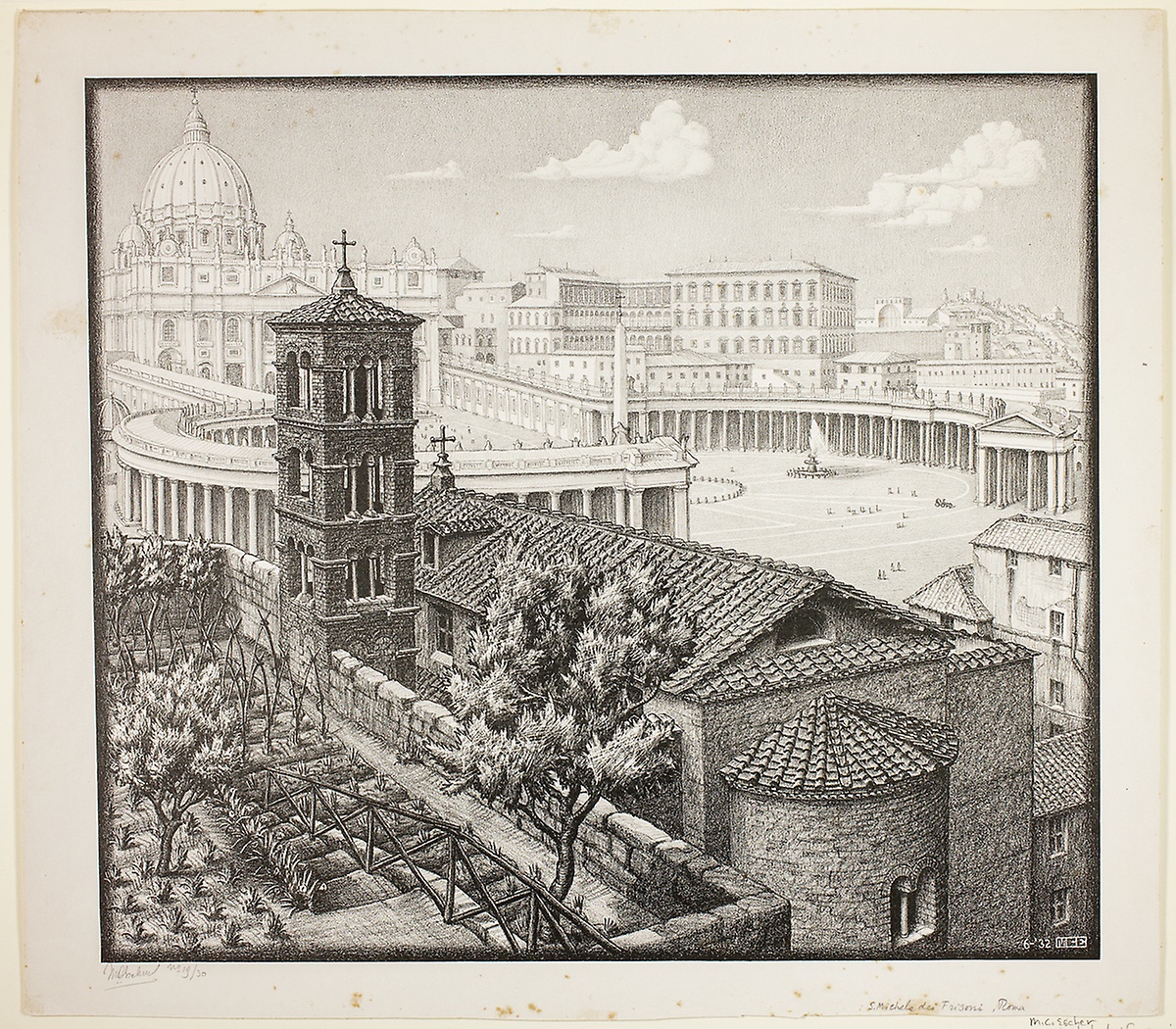 Maurits Cornelis Escher, San Michele dei Frisoni, Roma (1932; litografia su c arta, 492 x 558 mm; Chicago, Art Institute). Alla mostra di Trieste è esposto un esemplare da collezione privata
