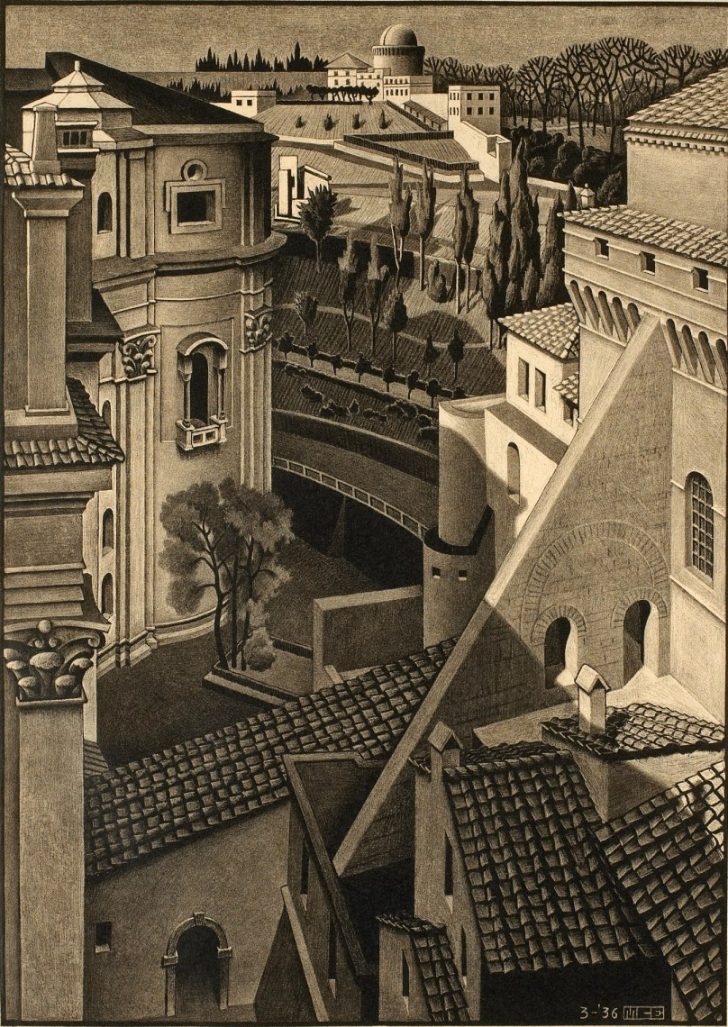 Maurits Cornelis Escher, Tra San Pietro e la Cappella Sistina (1936; litografia su carta, 311 x 220 mm; The Escher Foundation)
