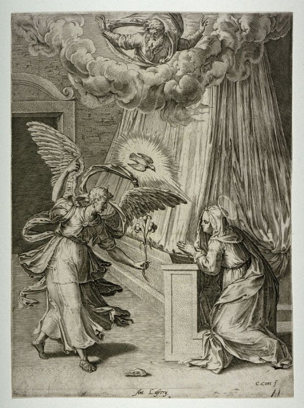 Cornelis Cort (da Giulio Clovio), Annunciazione (XVI secolo; incisione, 276 x 204 mm; San Francisco, Fine Arts Museums of San Francisco)
