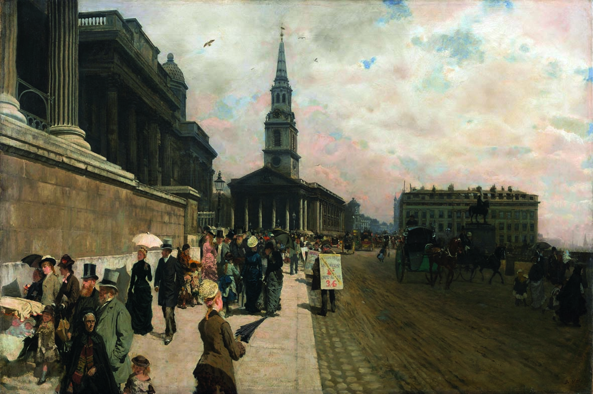 Giuseppe De Nittis, La National Gallery e la chiesa di Saint Martin a Londra (1877; olio su tela, 71 x 105,5 cm; Parigi, Petit Palais, Musée des Beaux Arts de la Ville de Paris) Giuseppe De Nittis, La National Gallery e la chiesa di Saint Martin a Londra (1877; olio su tela, 71 x 105,5 cm; Parigi, Petit Palais, Musée des Beaux Arts de la Ville de Paris)