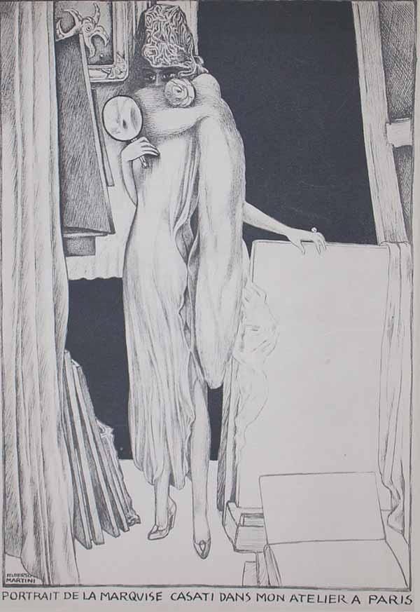 Alberto Martini, Portrait del la marquise Casati dans mon atelier a Paris (1925; litografia su carta, 365 x 270 mm; Collezione privata)
