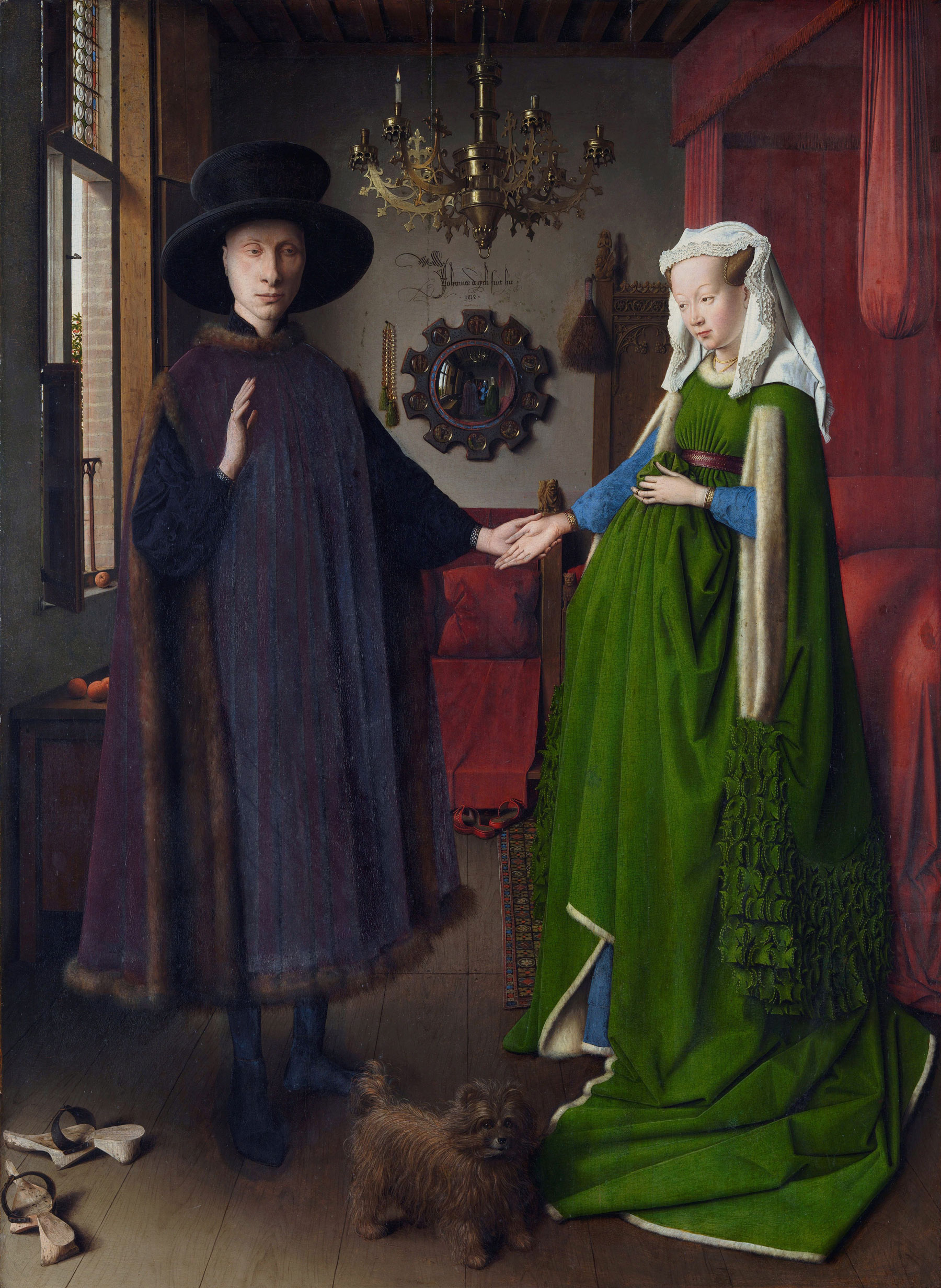 Jan van Eyck, Ritratto dei coniugi Arnolfini (1434; olio su tavola, 818,8 x 59,7 cm; Londra, National Gallery)
