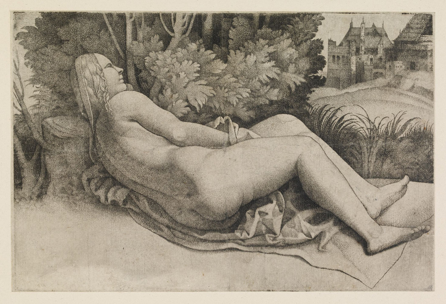 Giulio Campagnola, Venere in un paesaggio (1510-1515; incisione, 121 x 182 mm; Londra, British Museum)
