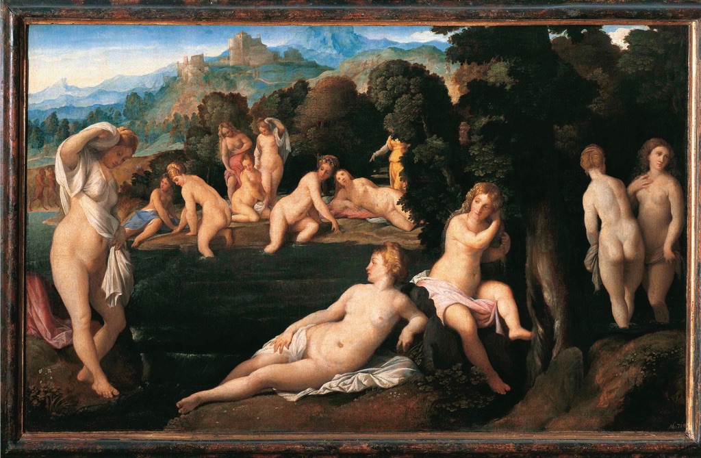 Palma il Vecchio, Bagno delle ninfe (1519-1520; olio su tela applicata su tavola, 77,5 x 124 cm; Vienna, Kunsthistorisches Museum)
