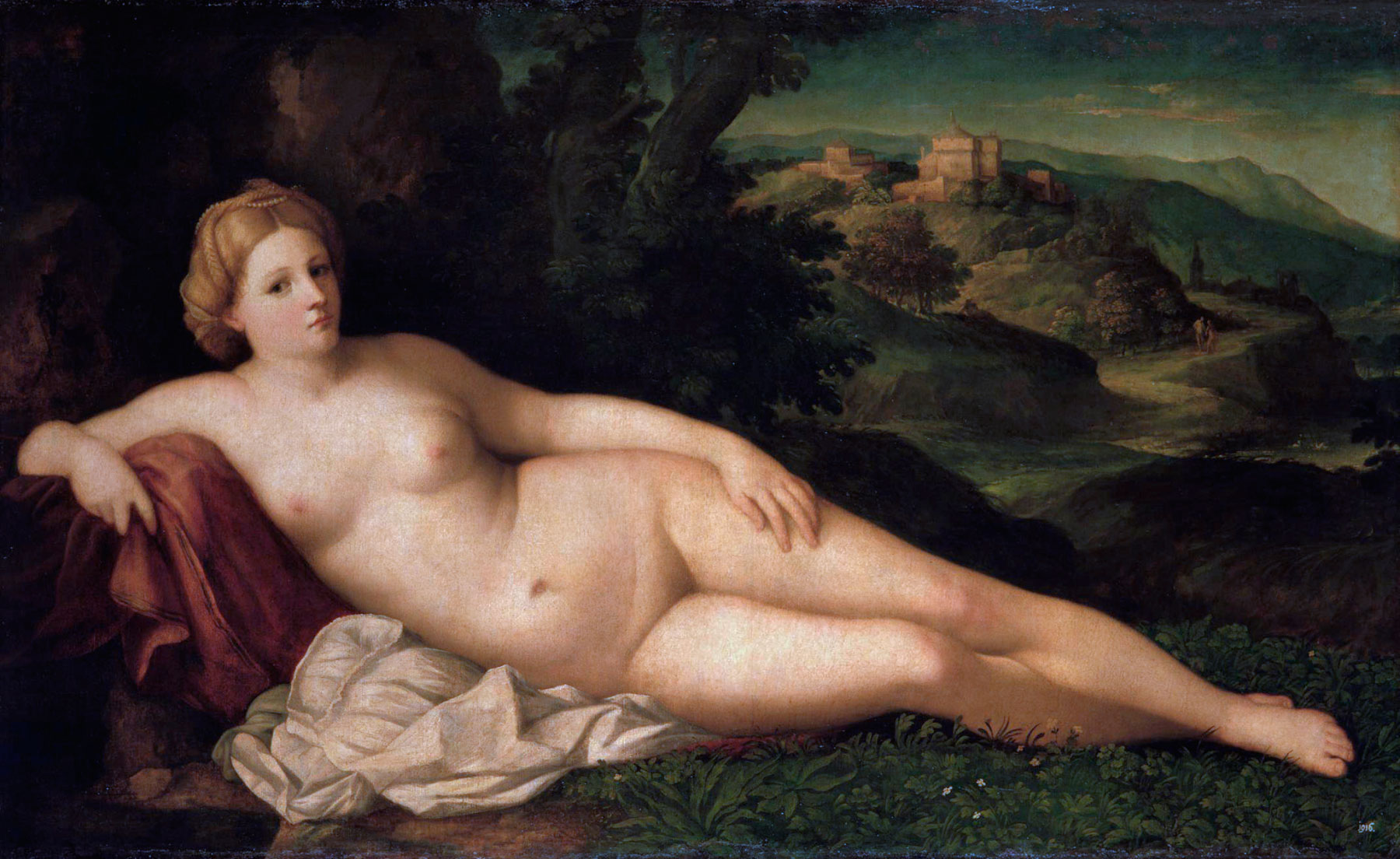 Palma il Vecchio, Ninfa in un paesaggio (1518-1520 circa; olio su tela, 113 x 186 cm; Dresda, Gemäldegalerie)
