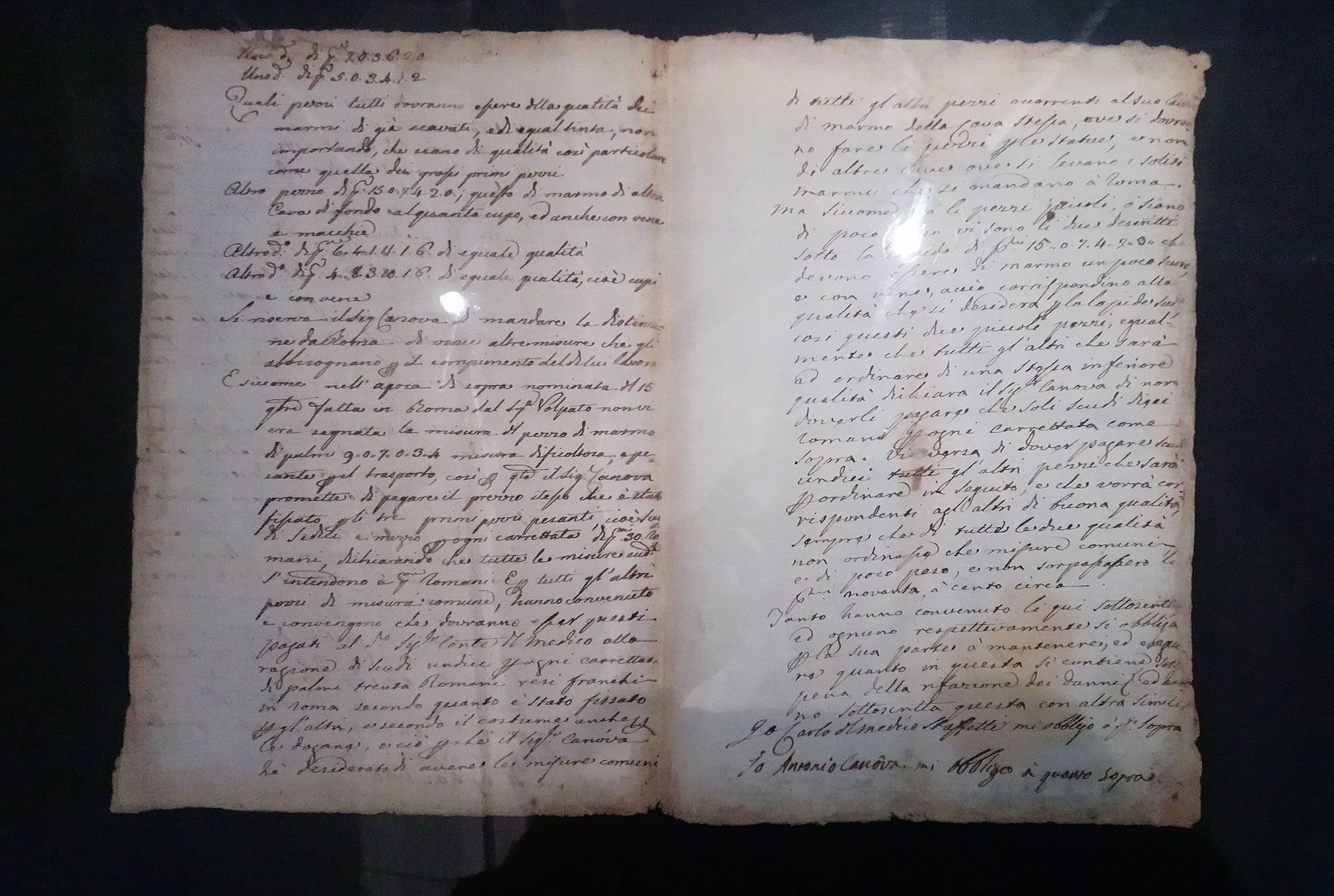 Il contratto tra il conte Del Medico e Canova per la fornitura di marmi, unica novità della mostra 
