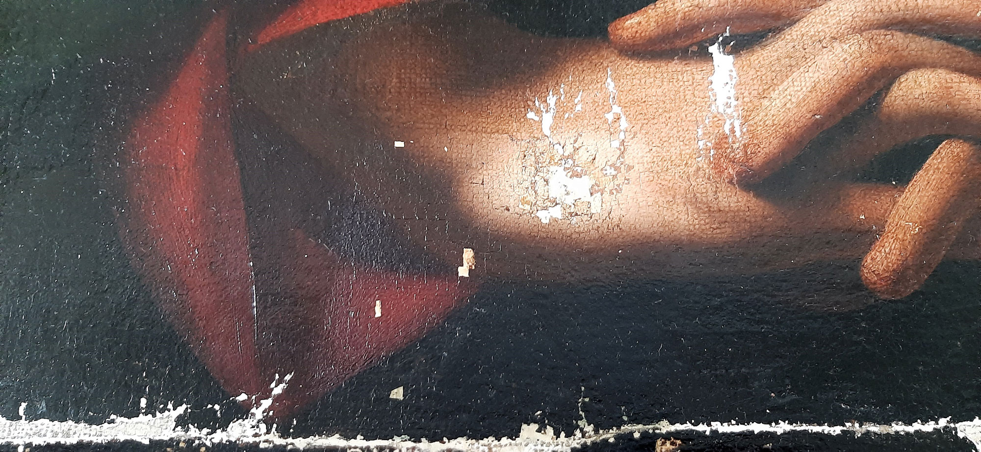 Da Caravaggio, Cattura di Cristo, dettaglio del dipinto durante il restauro (febbraio 2020)
 Da Caravaggio, Cattura di Cristo, dettaglio del dipinto durante il restauro (febbraio 2020)