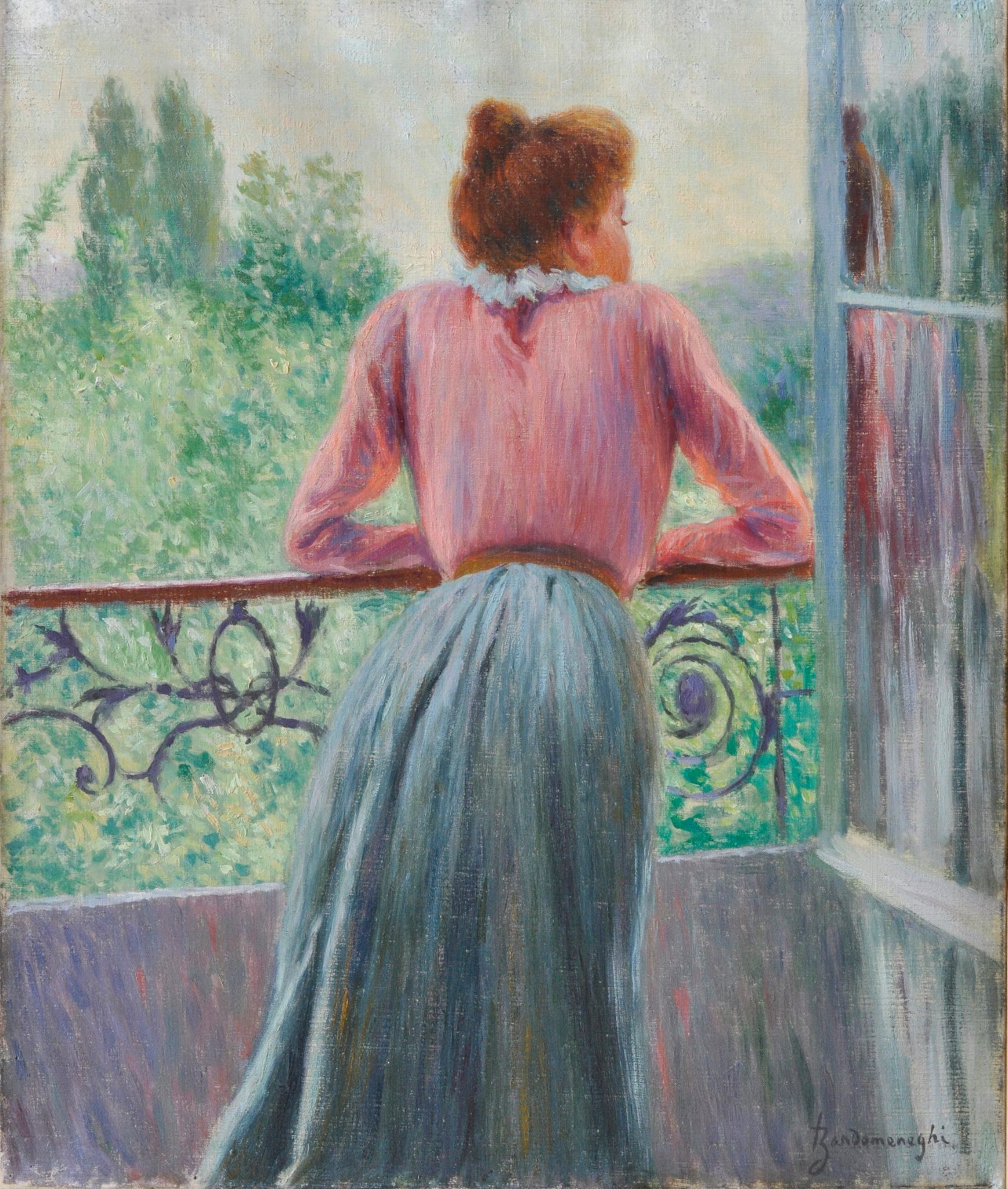 Federico Zandomeneghi, Donna al balcone (olio su tela, 46 x 38,5 cm; Viareggio, Società di Belle Arti) Federico Zandomeneghi, Donna al balcone (olio su tela, 46 x 38,5 cm; Viareggio, Società di Belle Arti)