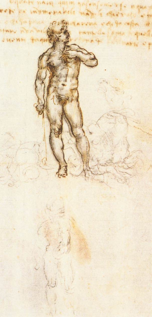 Leonardo da Vinci, Studio del David di Michelangelo (1505; penna, inchiostro e carboncino su carta; Windsor, Royal Collection)
