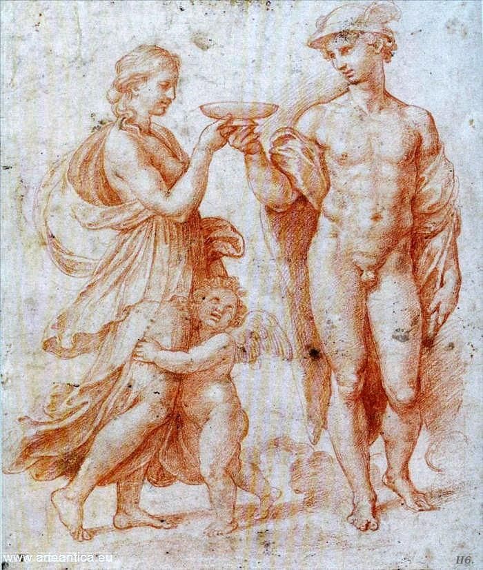 Raffaello, Studio per Mercurio e Psiche (1517; sanguigna e matita su carta, 269 x 227 mm; Monaco di Baviera, Staatliche Graphische Sammlung)
