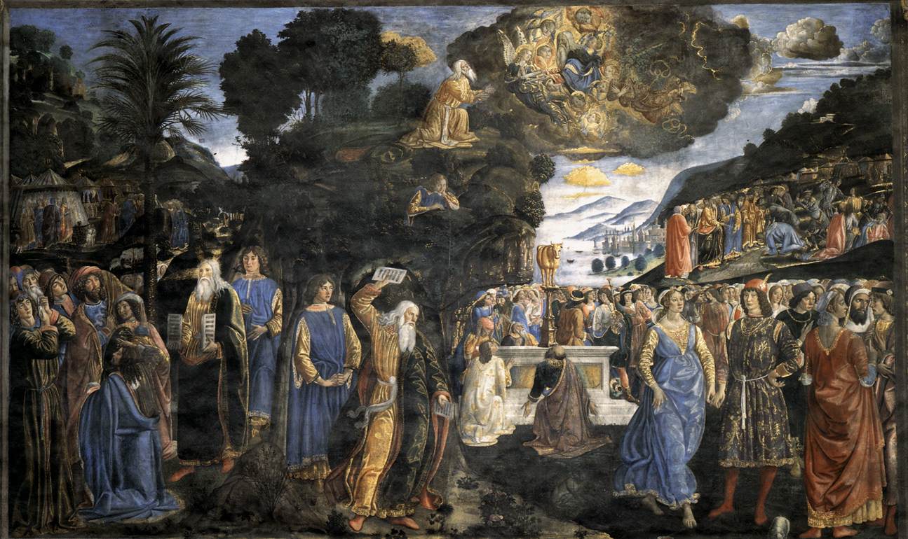 Cosimo Rosselli, Le tavole della legge e il vitello d'oro (1481-1482; affresco, 350 x 572 cm; CittÃ  del Vaticano, Cappella Sistina)