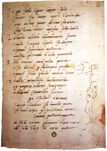 Michelangelo Buonarroti, Versi con autoritratto nell’atto di dipingere la volta della Sistina (1508-1512, penna; Firenze, Archivio Buonarroti, XIII, fol. 111)
