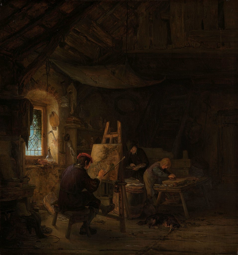 Adriaen van Ostade, Lo studio del pittore (1670-1675 circa; olio su tavola, 37 x 36 cm; Amsterdam, Rijksmuseum)
