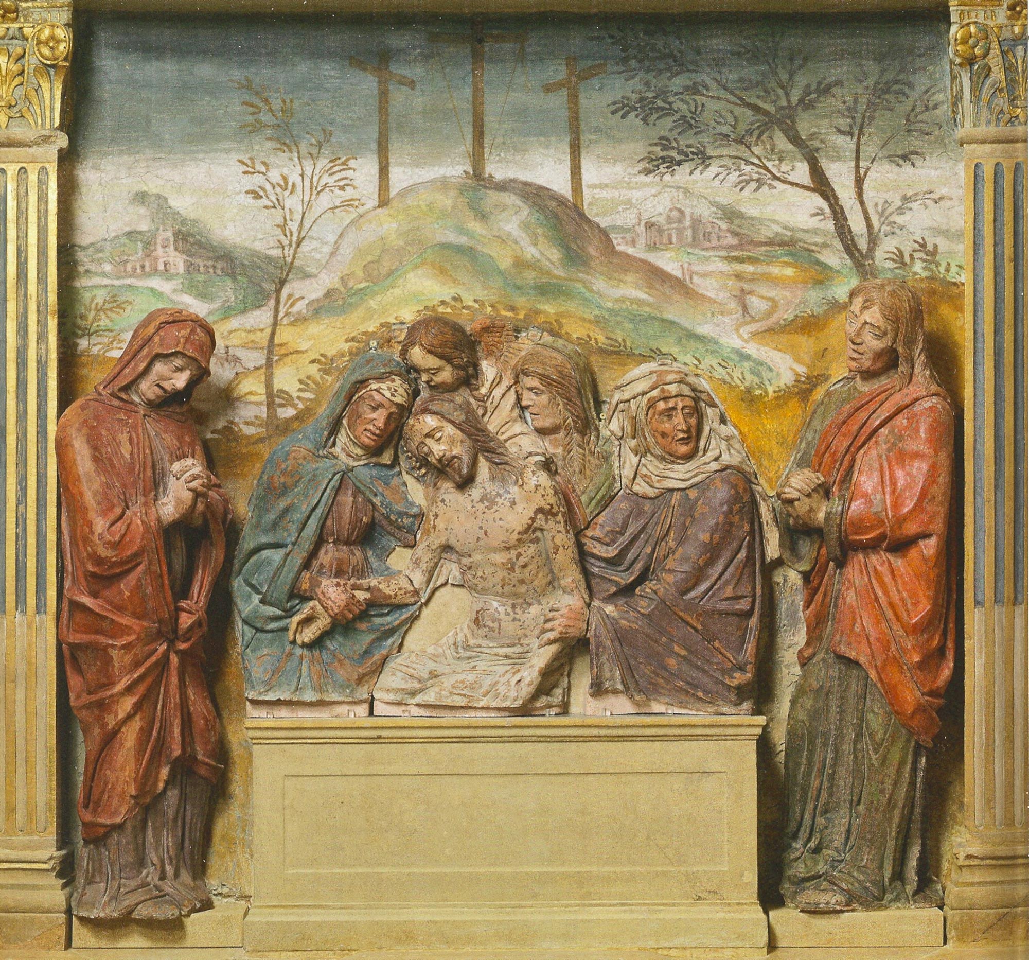 Ambito di Bartolomeo Bellano, Compianto su Cristo morto (terracotta policroma, figure laterali altezza 93 e 96 cm; Padova, Chiesa di San Pietro)
