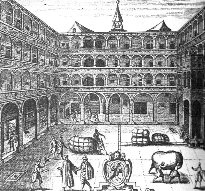 Incisione di Rafhael Custos (1616) raffigurante l'interno del Fondaco dei Tedeschi
