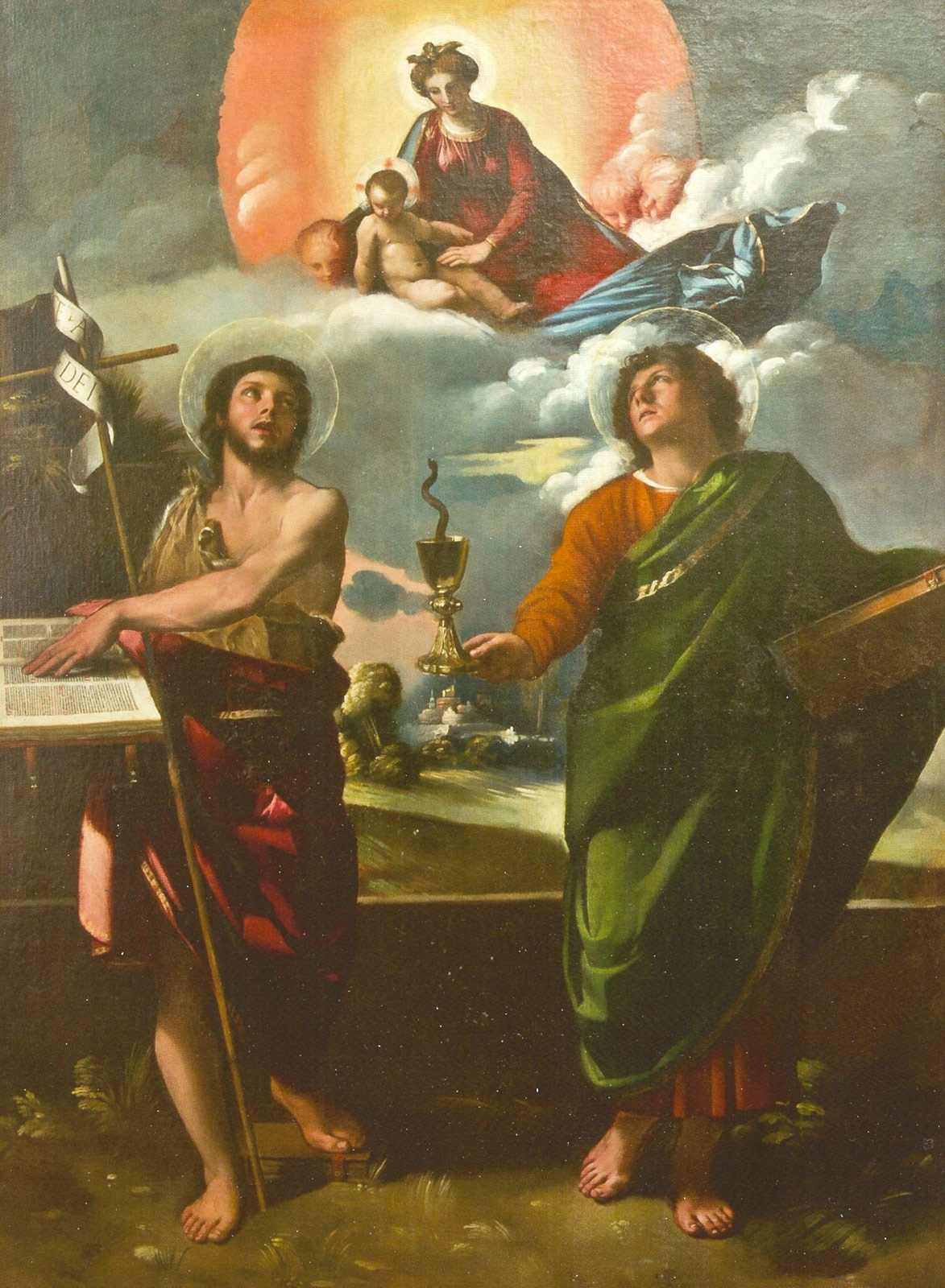 Dosso Dossi, Apparizione della Vergine col Bambino ai Santi Giovanni Battista ed Evangelista (1517; olio su tavola, trasferita su tela, 153 x 114 cm; Firenze, Uffizi, depositi)
 Dosso Dossi, Apparizione della Vergine col Bambino ai Santi Giovanni Battista ed Evangelista (1517; olio su tavola, trasferita su tela, 153 x 114 cm; Firenze, Uffizi, depositi)
