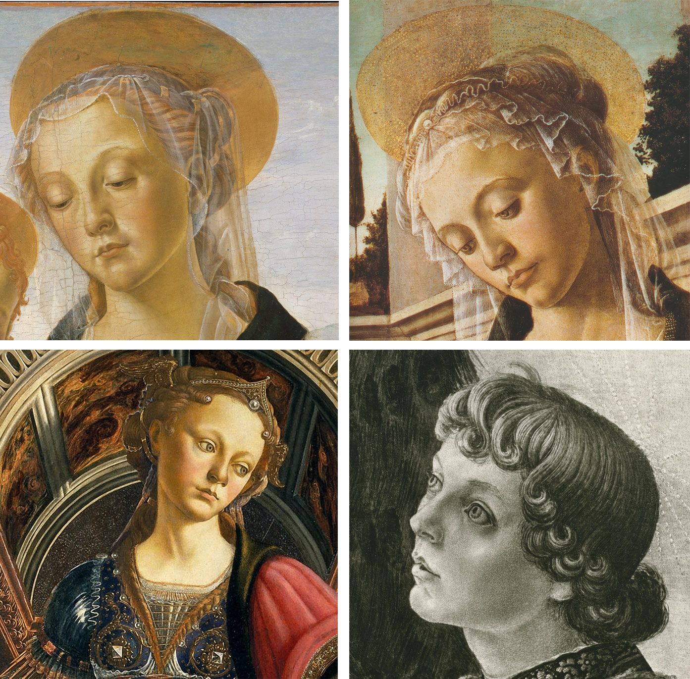 In senso orario: Sandro Botticelli? (attribuita al Verrocchio), Madonna col Bambino (Madonna delle ciliegie) (1465-1470; tempera su tela, trasferita dalla tavola originale, 66 x 48,2 cm; New York, Metropolitan Museum), Sandro Botticelli, Madonna col Bambino e angeli, dettaglio (1468 circa; tempera su tavola, 100 x 71 cm; Napoli, Museo Nazionale di Capodimonte), Francesco Botticini, I tre Arcangeli, dettaglio (1470-1475; tempera su tavola, 135 x 154 cm; Firenze, Galleria degli Uffizi), Sandro Botticelli, Fortezza, dettaglio (1470; tempera su tavola, 167 x 87 cm; Firenze, Galleria degli Uffizi)
