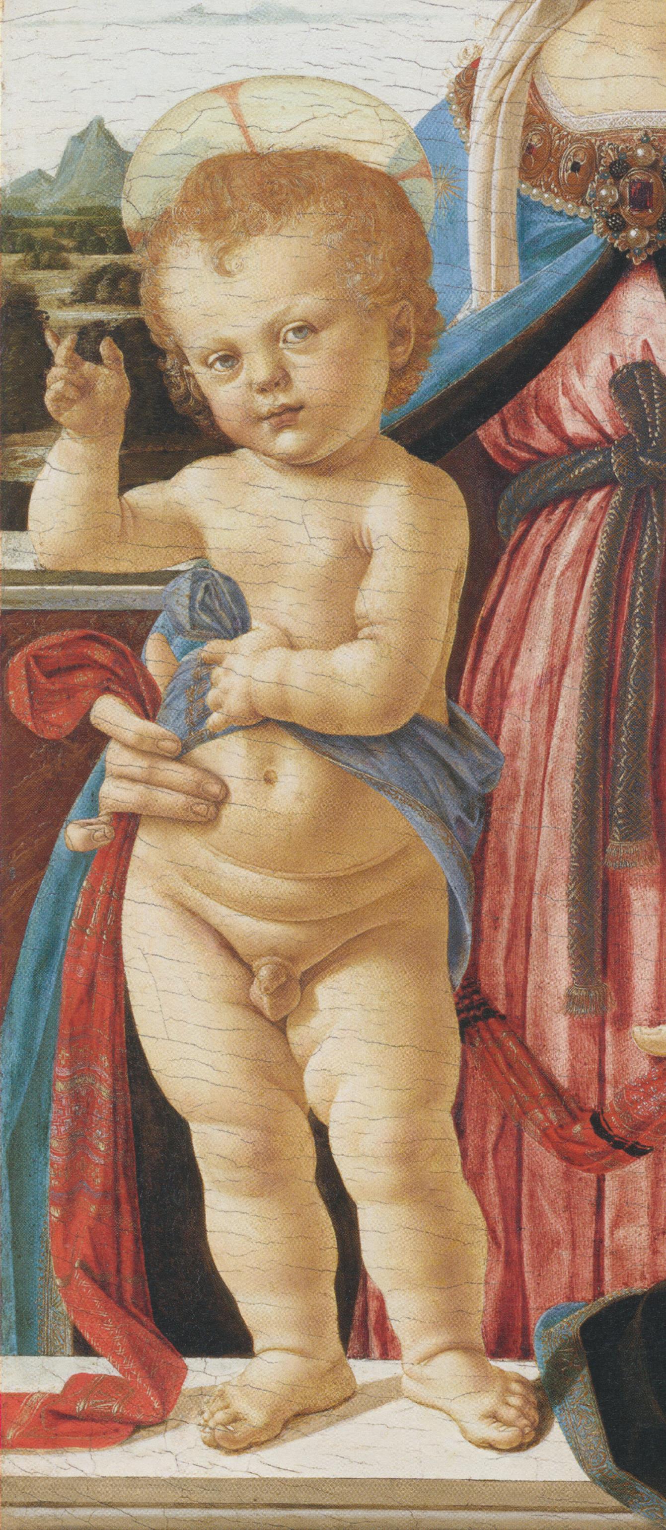 Perugino? (attribuita al Verrocchio), Madonna col Bambino benedicente, dettaglio (1470-75; tempera su tavola, 75,8x47,9 cm; Berlino, Gemäldegalerie, n. 108)
