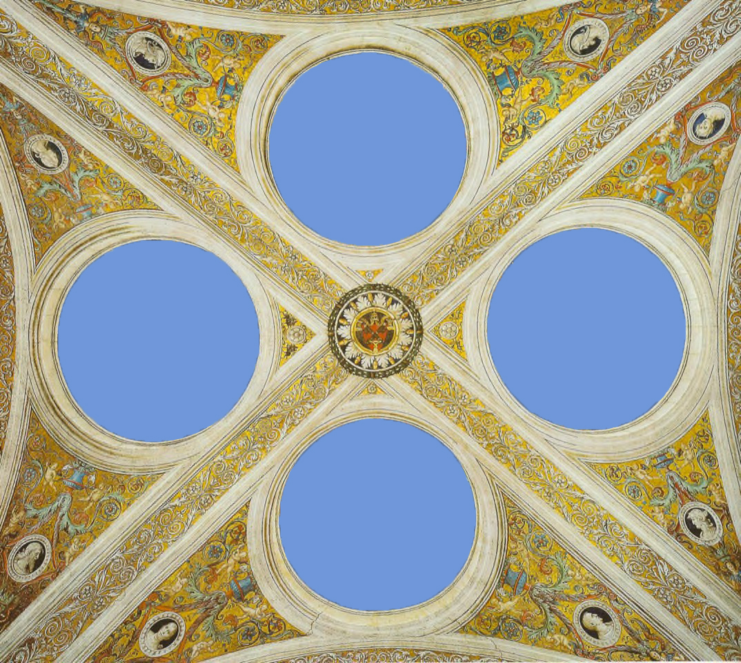 Finzione fotografica. Dimostra come il Perugino abbia voluto perforare pittoricamente il soffitto verso il cielo, qui diurno. Le cornici dei trafori sono infatti prospettiche verso l'alto, formando lucernari. 
	 Finzione fotografica. Dimostra come il Perugino abbia voluto perforare pittoricamente il soffitto verso il cielo, qui diurno. Le cornici dei trafori sono infatti prospettiche verso l'alto, formando lucernari.