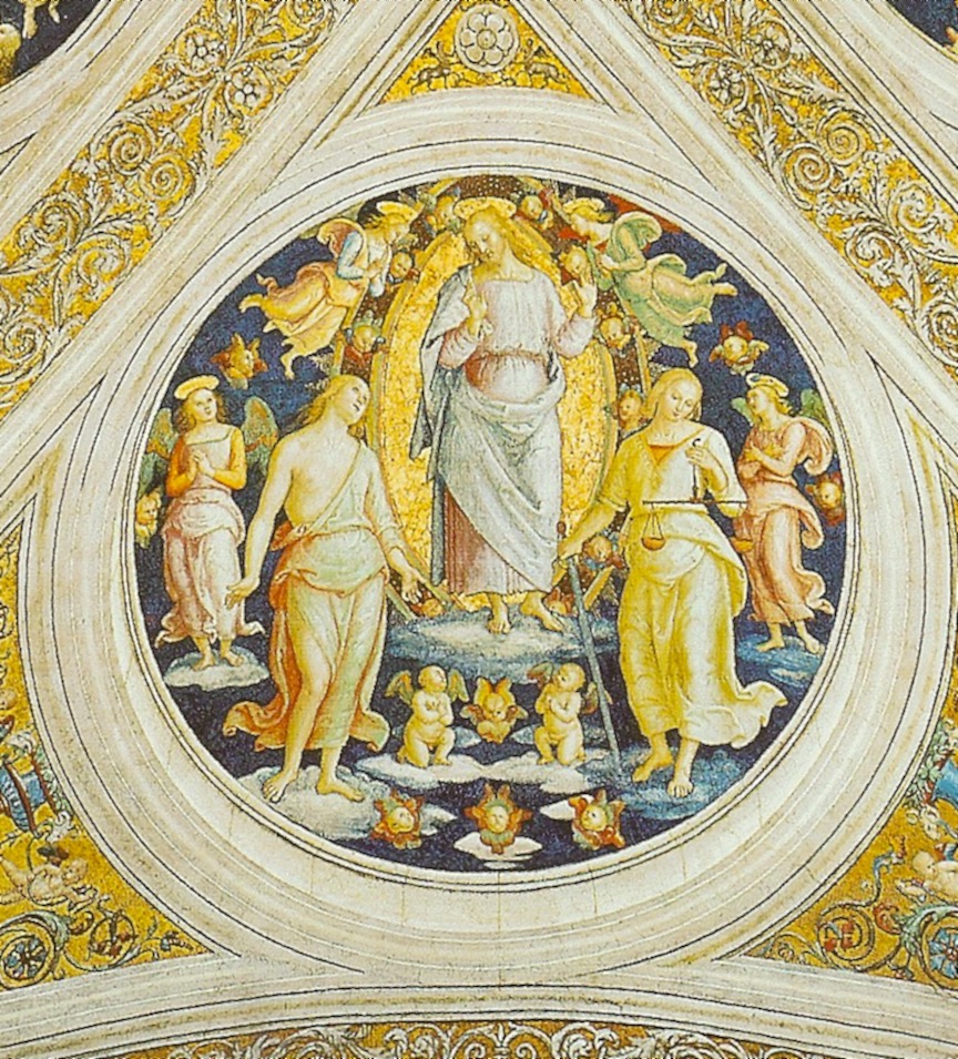 Bellissima composizione del Maestro di Raffaello. Gesù, sole di verità, sta fra la Giustizia armata di bilancia e spada e la Misericordia che vediamo alla sua destra: ad essa va la benevolenza divina.
	 Bellissima composizione del Maestro di Raffaello. Gesù, sole di verità, sta fra la Giustizia armata di bilancia e spada e la Misericordia che vediamo alla sua destra: ad essa va la benevolenza divina.
