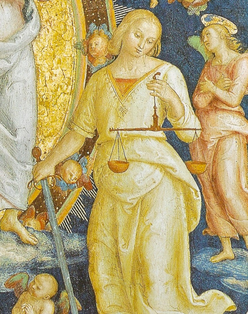 La figura della Giustizia. Il restauro le ha ridonato il pendente rivelatore al centro del petto. È il celebre nodo di Salomone.
	 La figura della Giustizia. Il restauro le ha ridonato il pendente rivelatore al centro del petto. È il celebre nodo di Salomone.