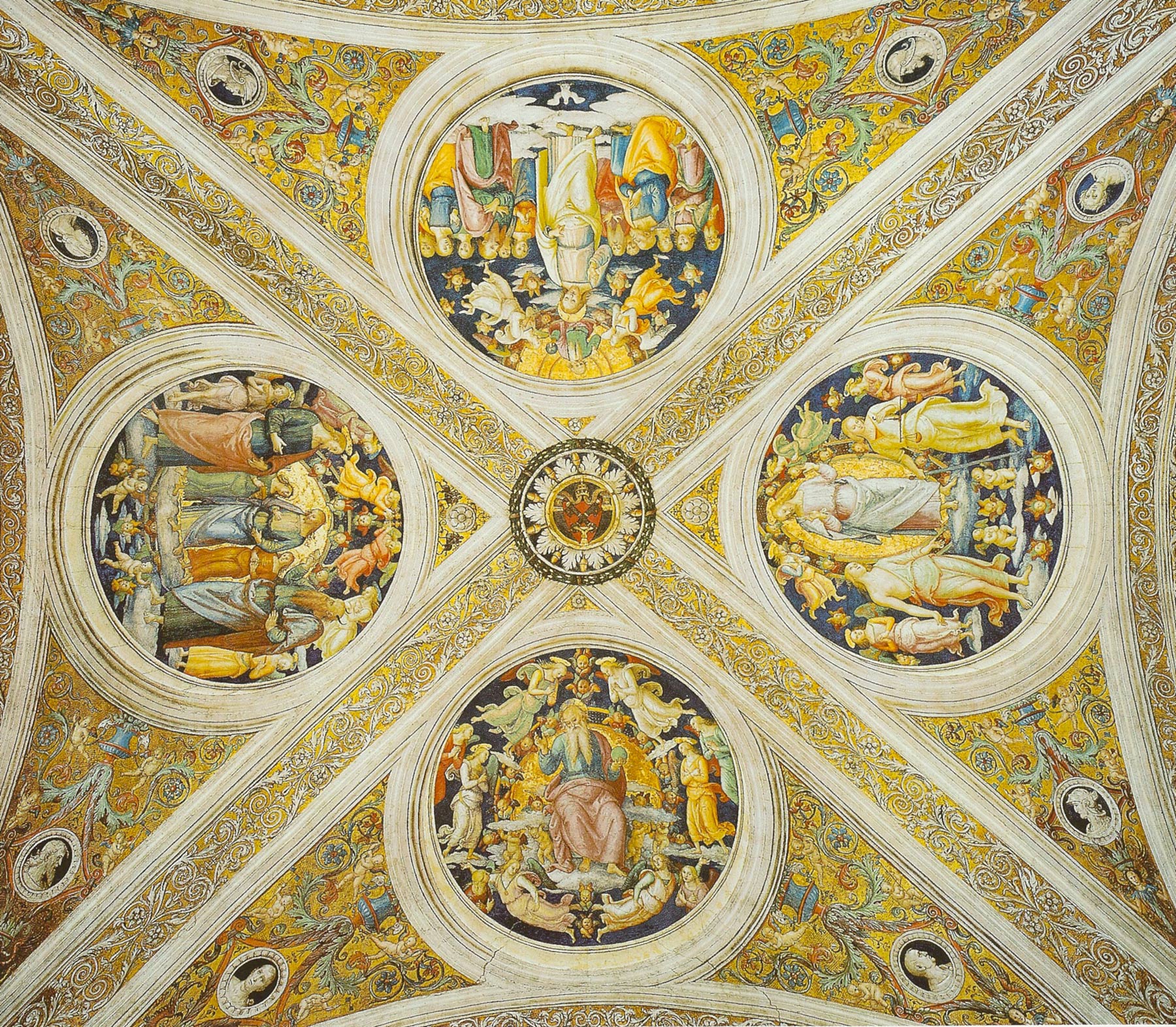 La volta della Stanza dell'Incendio di Borgo in Vaticano, dipinta dal Perugino (1507-1508). 
In basso l'Eterno Padre circondato da Angeli e Arcangeli.
	 La volta della Stanza dell'Incendio di Borgo in Vaticano, dipinta dal Perugino (1507-1508). 
In basso l'Eterno Padre circondato da Angeli e Arcangeli.