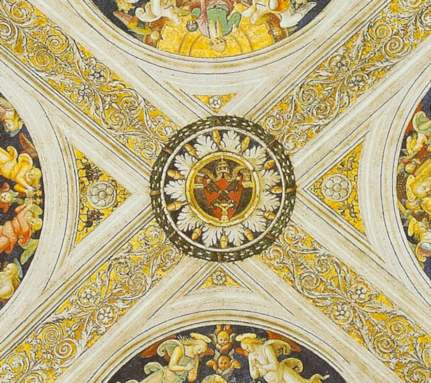 Il soffitto si inarca in quattro vele non molto innalzate. I costoloni, dipinti a racemi classici, si incontrano al centro nello stemma papale circondato da palmette e ghiande roveresche.
	 Il soffitto si inarca in quattro vele non molto innalzate. I costoloni, dipinti a racemi classici, si incontrano al centro nello stemma papale circondato da palmette e ghiande roveresche.