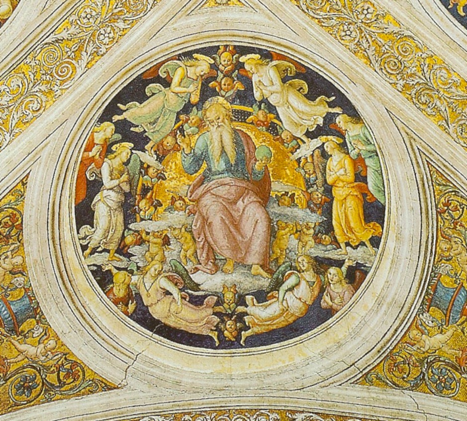 Il Padre Eterno, in un trono d'oro, appare come Creatore benefico.
	 Il Padre Eterno, in un trono d'oro, appare come Creatore benefico.