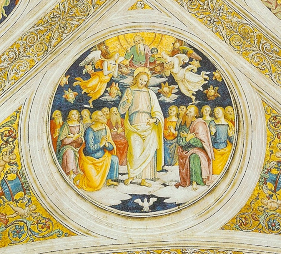 La Trinità. Il Padre compare nei tre giri danteschi. Il Figlio è incarnato nella persona di Gesù ed è adorato dai dodici apostoli. Lo Spirito Santo in forma di colomba aleggia su di noi.
	 La Trinità. Il Padre compare nei tre giri danteschi. Il Figlio è incarnato nella persona di Gesù ed è adorato dai dodici apostoli. Lo Spirito Santo in forma di colomba aleggia su di noi.