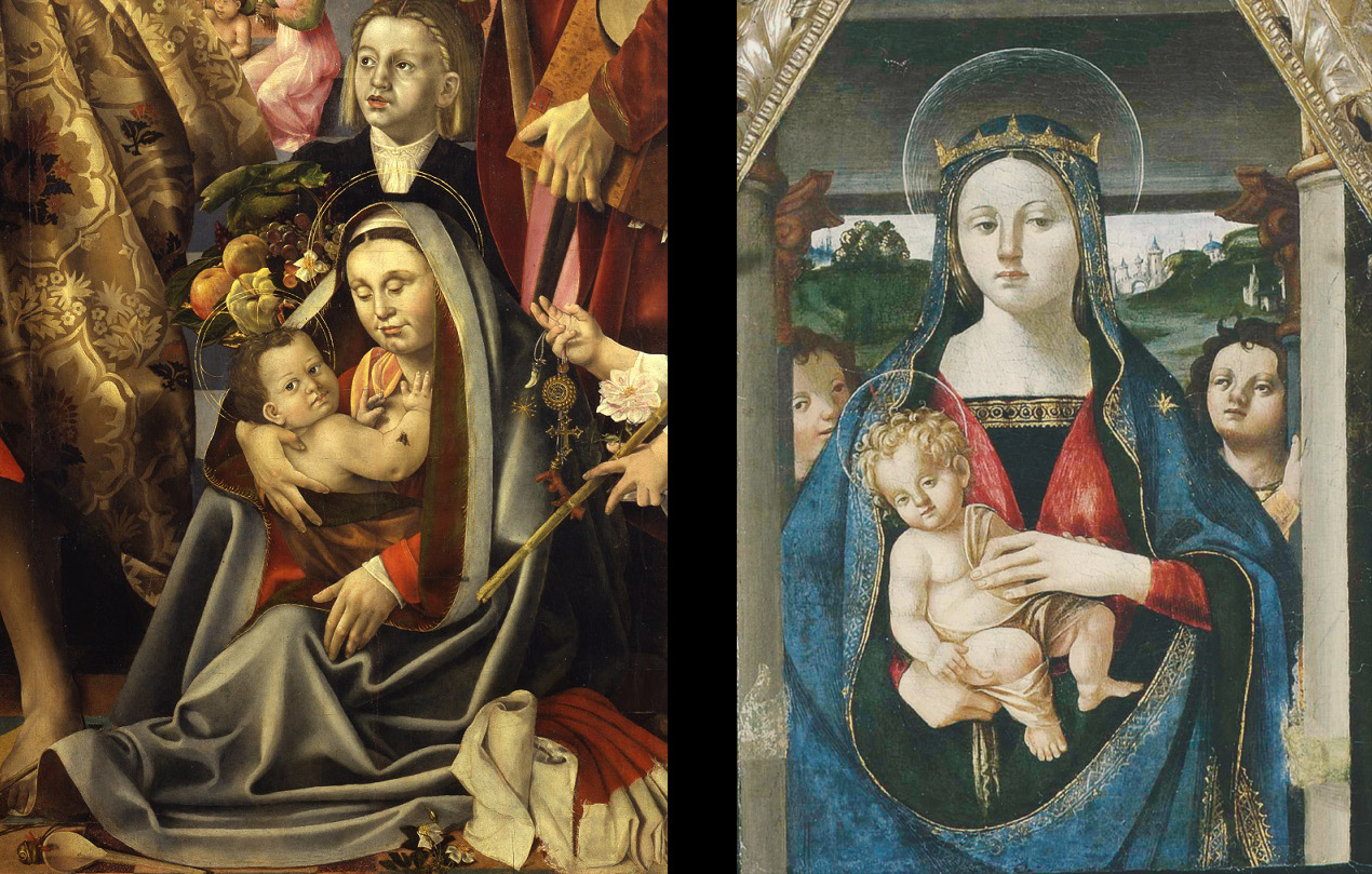 
11. Pala della Pergola, dettaglio. 12.Polittico di Lione, dettaglio dela Madonna col Bambino e angeli
