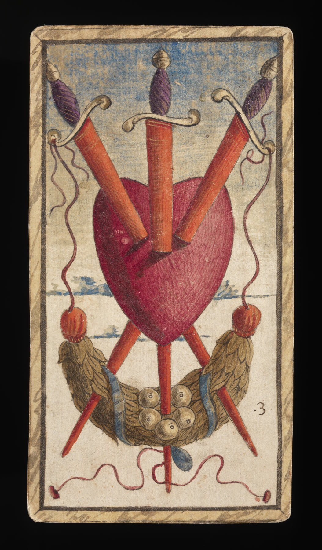 Nicola di mastro Antonio e anonimo miniatore, Tre di spade, dai Tarocchi Sola Busca
