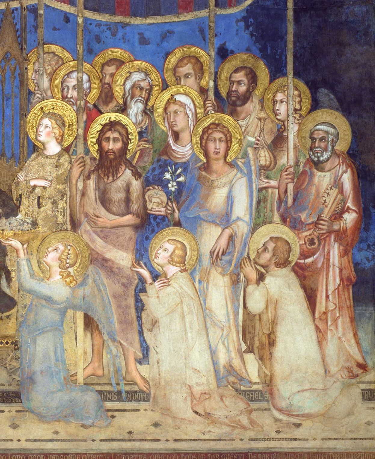 Il gruppo di angeli e santi a sinistra della Vergine. Partendo dal basso, prima fila: un angelo, san Crescenzio, san Vittore. Seconda fila: san Giovanni Battista, san Gabriele arcangelo, san Pietro. Terza fila: santa Caterina, sant'Agnese, san Raffaele arcangelo. Quarta fila: san Giacomo Maggiore, sant'Andrea, san Simone.
