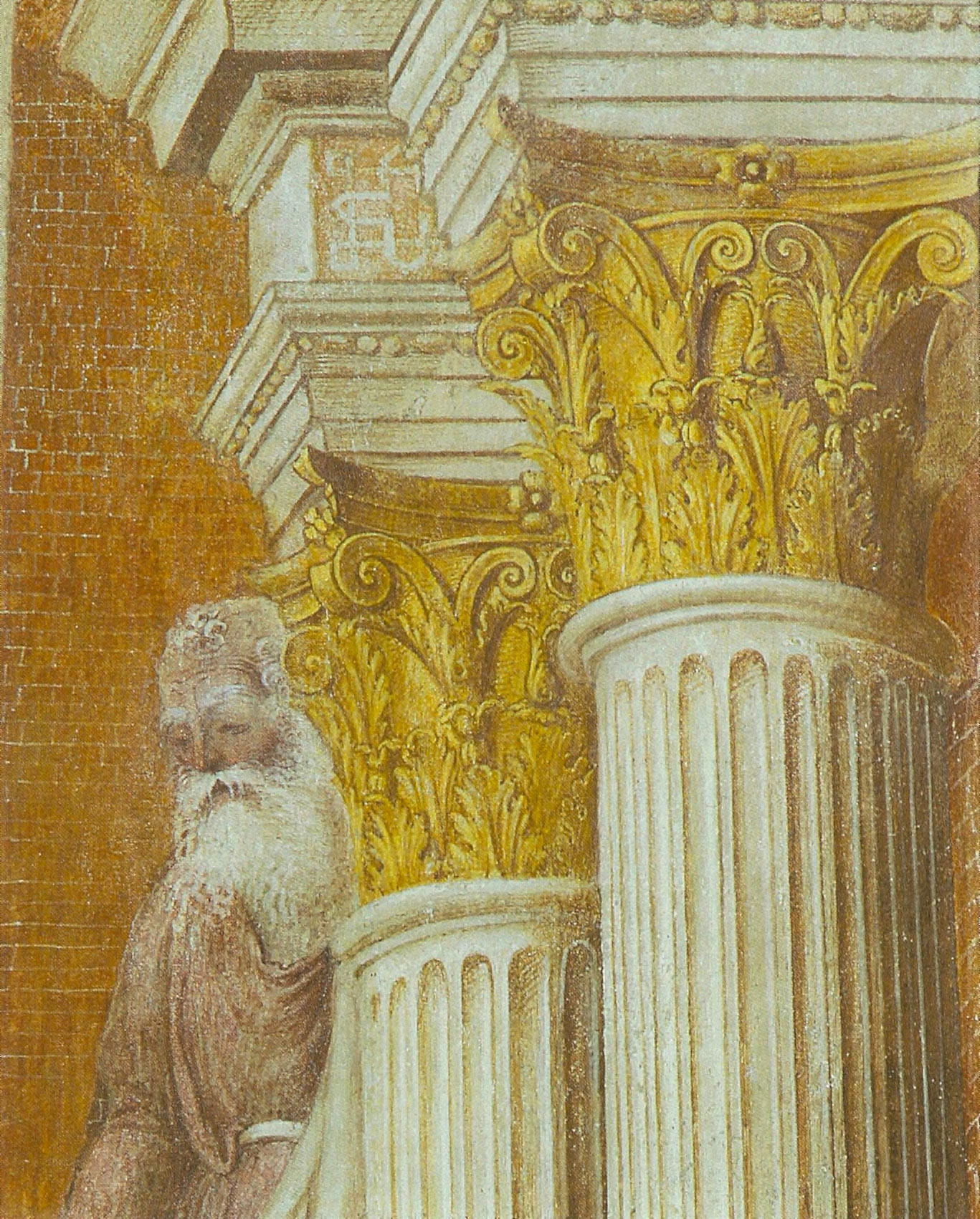 Gli accuratissimi capitelli d'oro, creati e dipinti dal Correggio. Qui l'affaccio del Sacerdote barbaro, bracato.
