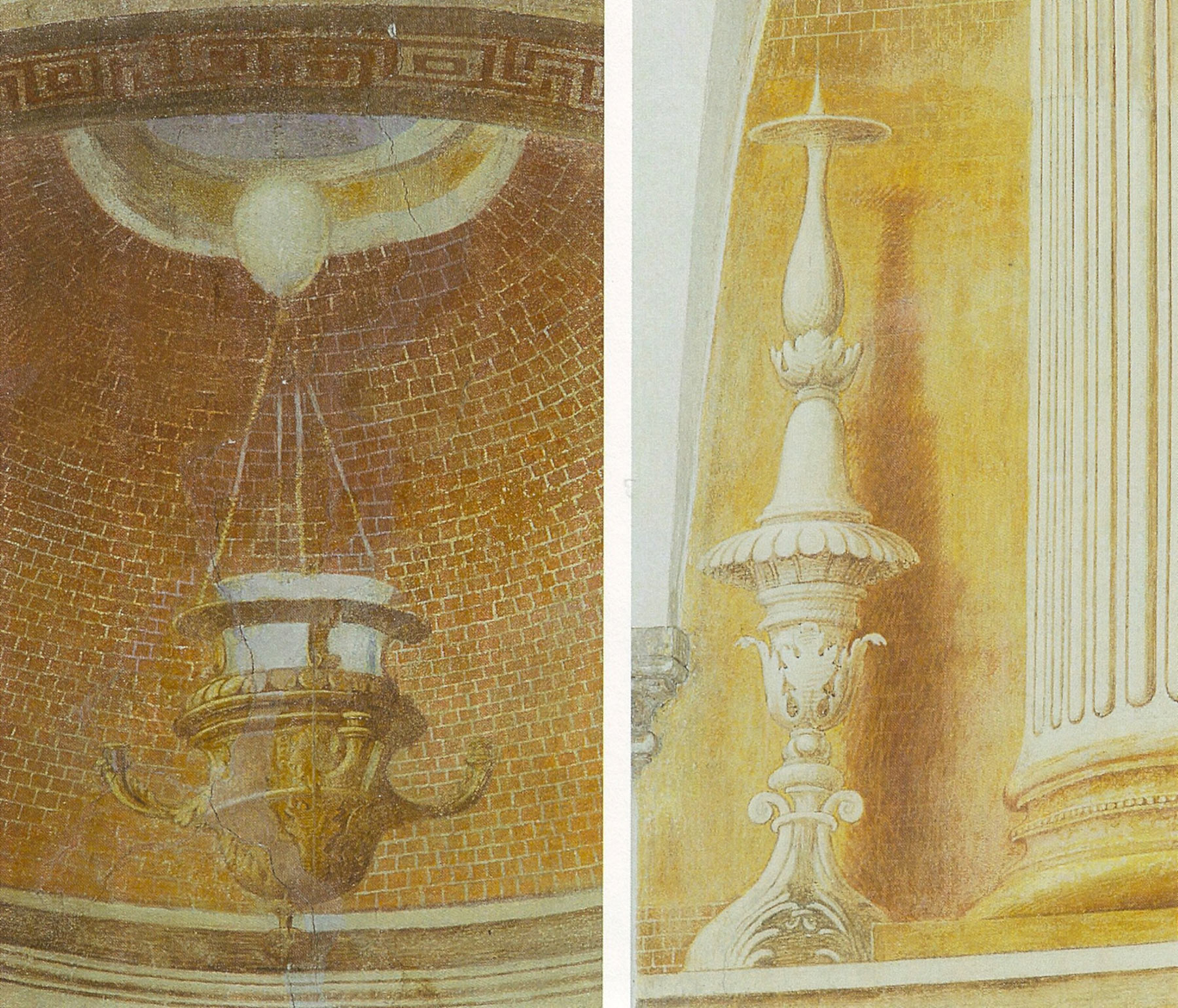 La lampada, che scende direttamente dal cielo. L'elegantissimo candeliere, memore dello stilismo del Perugino. Ambedue queste presenze riportano la raffinata cultura orafa di Antonio Allegri.
