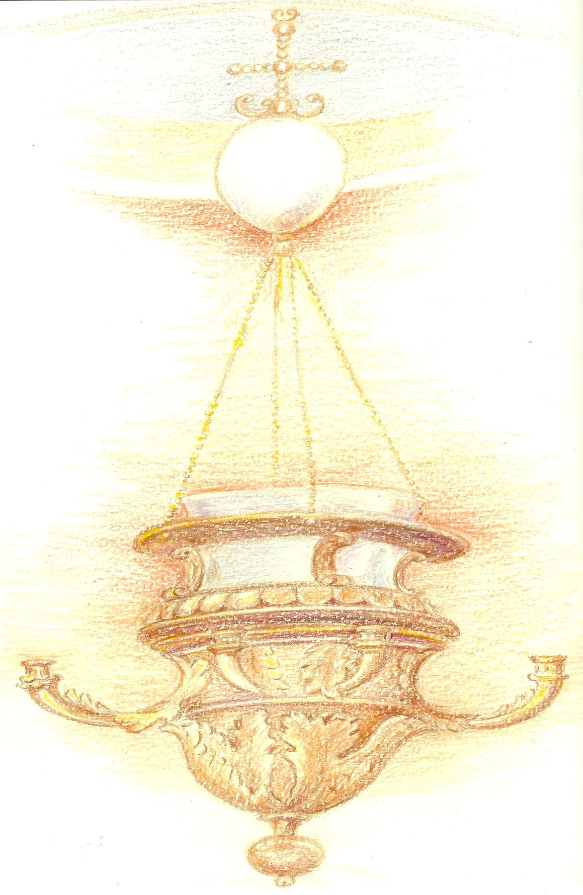 Il rilievo della lampada, preso sui ponteggi da Renza Bolognesi, conferma l'estrema attenzione del Correggio ai dettagli piÃ¹ raffinati, come la crocettina di perle sopra l'uovo mistico e le catenelle finissime.
