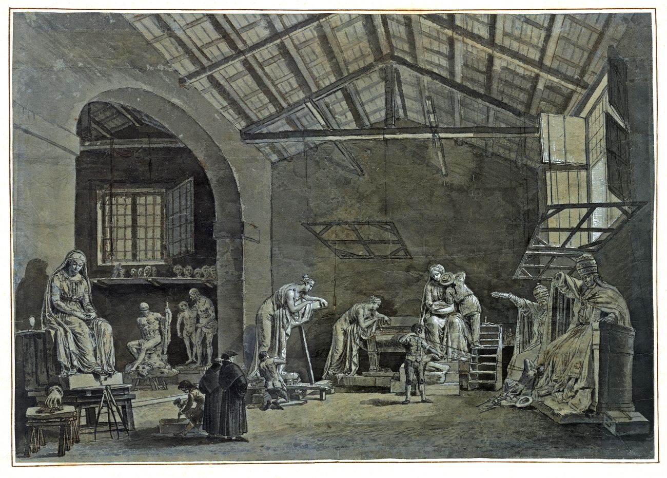 Francesco Chiarottini, Lo studio di Antonio Canova a Roma (1785 circa; disegno a penna, inchiostro grigio e bruno, acquerellato in grigio e bruno su carta azzurra, 385 x 556 mm; Udine, Civici Musei, Gabinetto Disegni e Stampe del Castello, inv. 9)
