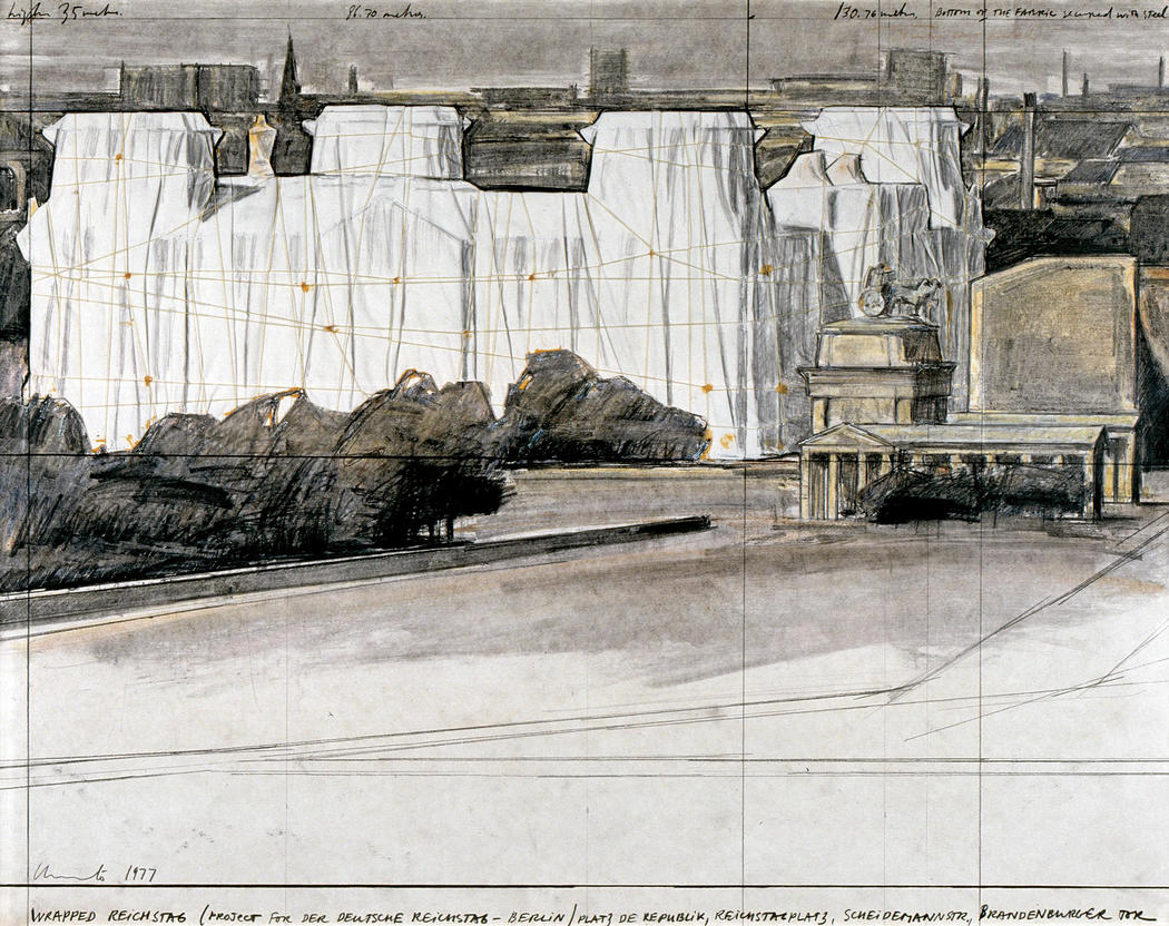 Christo, Wrapped Reichstag, progetto (1977; matita, tessuto, spago, matita, carboncino e pastello, 56 x 71 cm; Bonn, Kunstmuseum)
