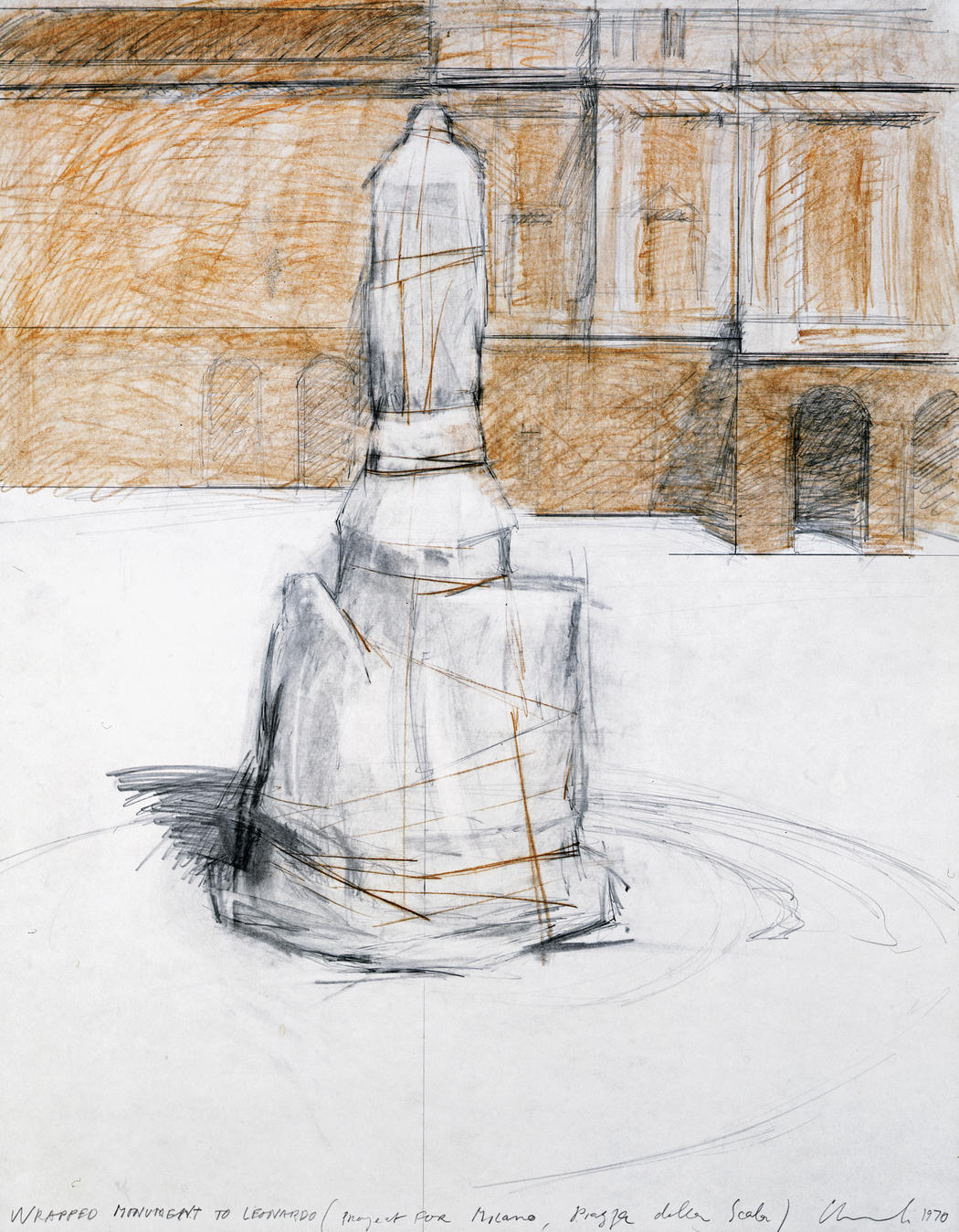 Christo, Wrapped Monument to Leonardo, progetto (1970; matita e carboncino su carta, 71 x 56 cm; Collezione Paul Jolles-Berne). Ph. Credit Shunk-Kender

