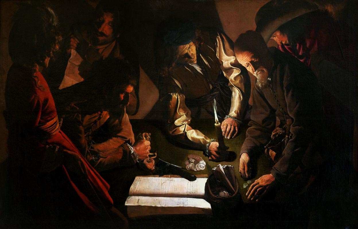 Georges de La Tour, Il denaro versato (1625-1627 circa; olio su tela, 99 x 152 cm; Leopoli, Lviv National Art Gallery)
