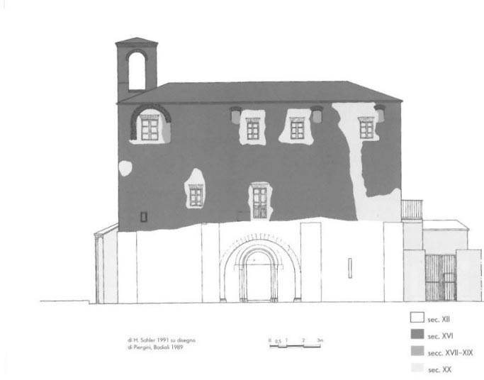 Figura 18. Facciata occidentale con indicazione delle fasi di costruzione, disegno di H.Sahler, F. Mancini 1991
