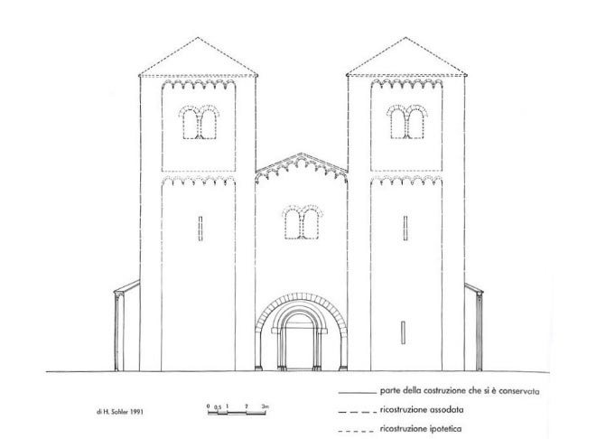 Figura 11. Ricostruzione della facciata occidentale della chiesa romanica, disegno di H. Sahler 1991
