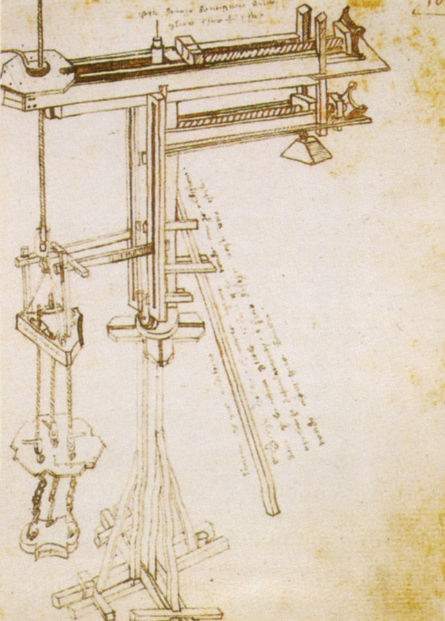 Bonaccorso Ghiberti, La gru di Brunelleschi (dopo il 1446; Firenze, Biblioteca Nazionale Centrale, B.R. 228, c. 106r)
